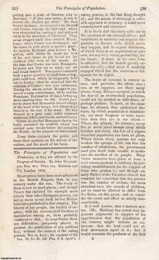 Item #359761 The Principles of Population and Production, as they are affected by the Progress of Society, by John Weyland, jun. An original review article from The Literary Panorama, 1817. Stated.