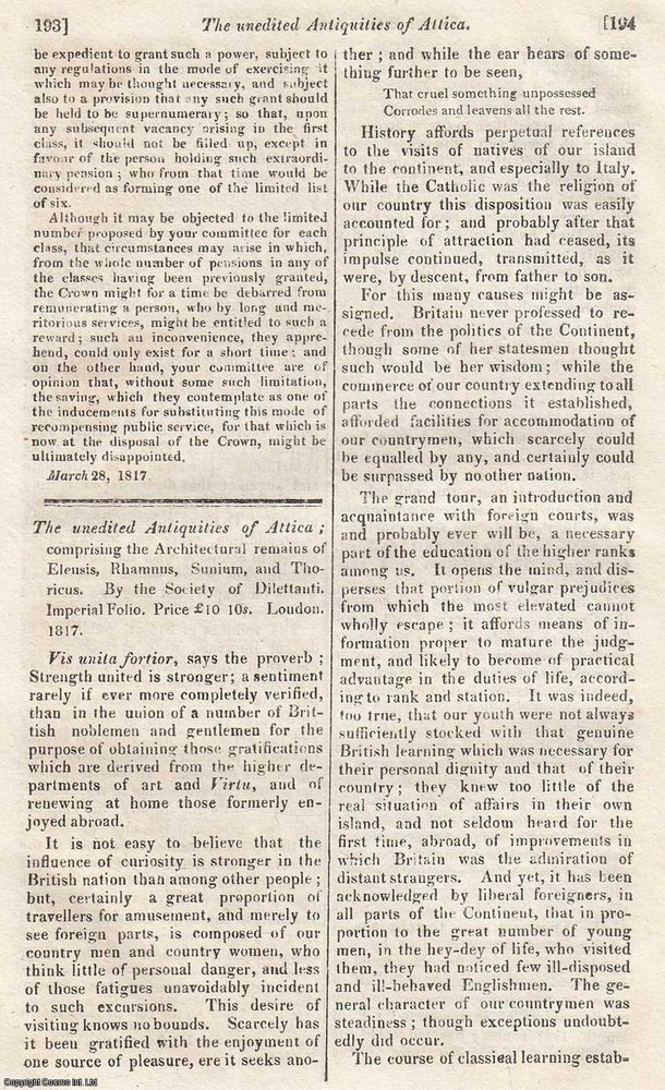 Item #359763 The Unedited Antiquities of Attica. An original review article from The Literary...