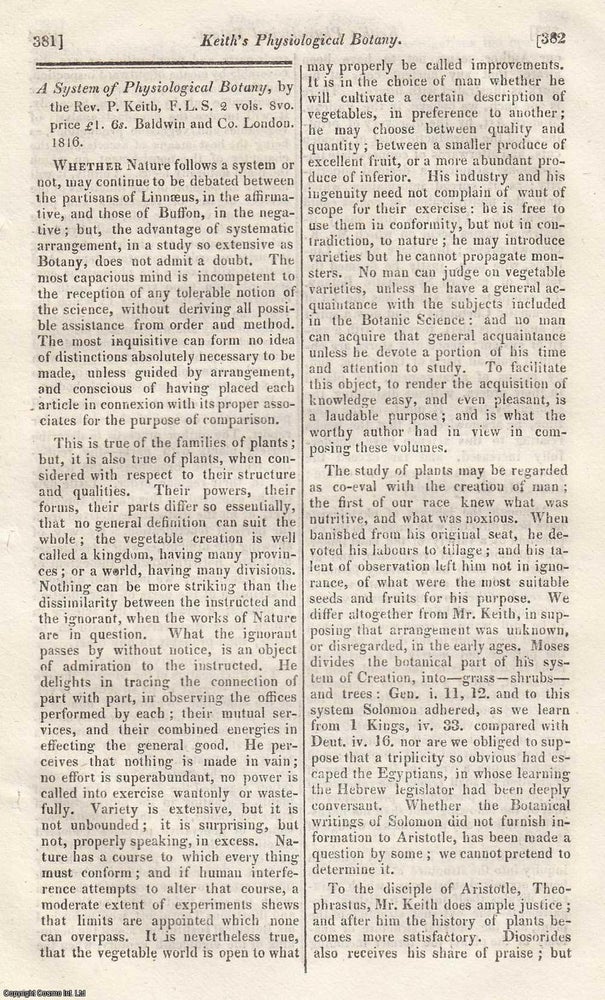 Item #359766 A System of Physiological Botany, by Rev. P. Keith. An original article from The...
