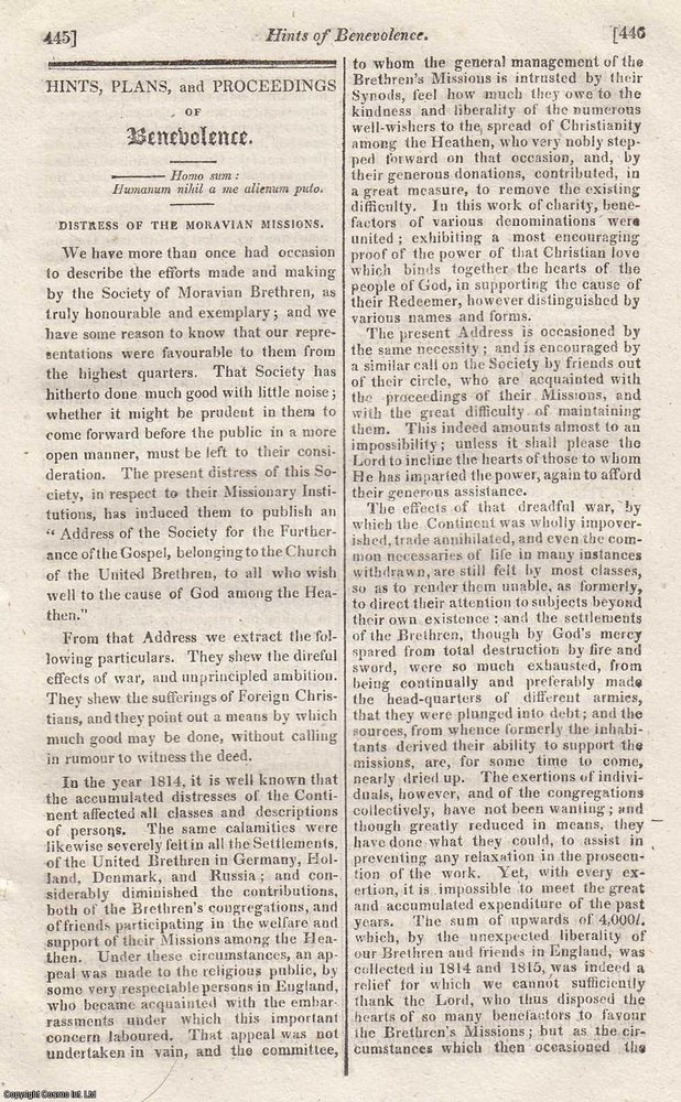 Item #359767 Distress of the Moravian Missions, the Society of Moravian Brothers. An original article from The Literary Panorama, 1817. Stated.