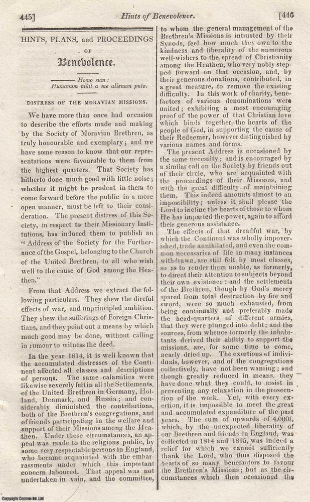 Item #359767 Distress of the Moravian Missions, the Society of Moravian Brothers. An original...