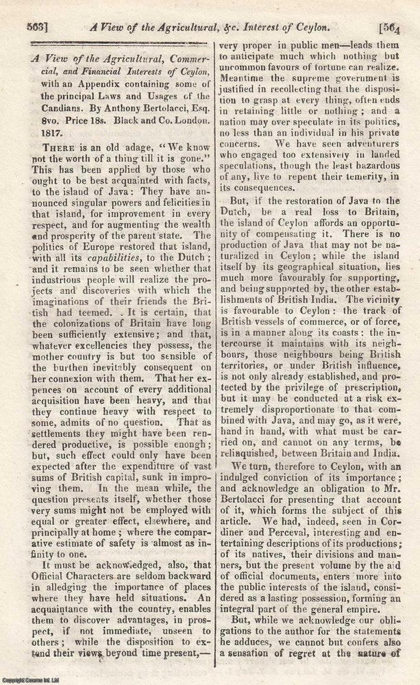 Item #359768 A View of the Agricultural, Commercial, and Financial Interests of Ceylon, by...