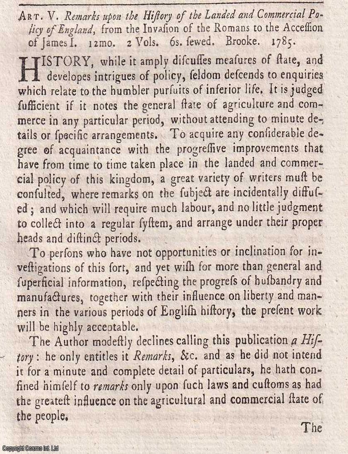 Item #359932 Remarks upon the History of the Landed and Commercial Policy of England, from the...