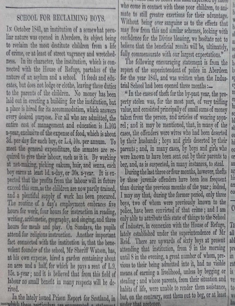 Item #360000 School for Reclaiming Boys. Opened in Aberdeen in 1841, it sets out to help the destitute children and offers them a chance of education to save them from a life of crime or beggary. Published by W. & R. Chambers, 7 January, 1843, No. 571. 1843. Chambers' Edinburgh Journal.