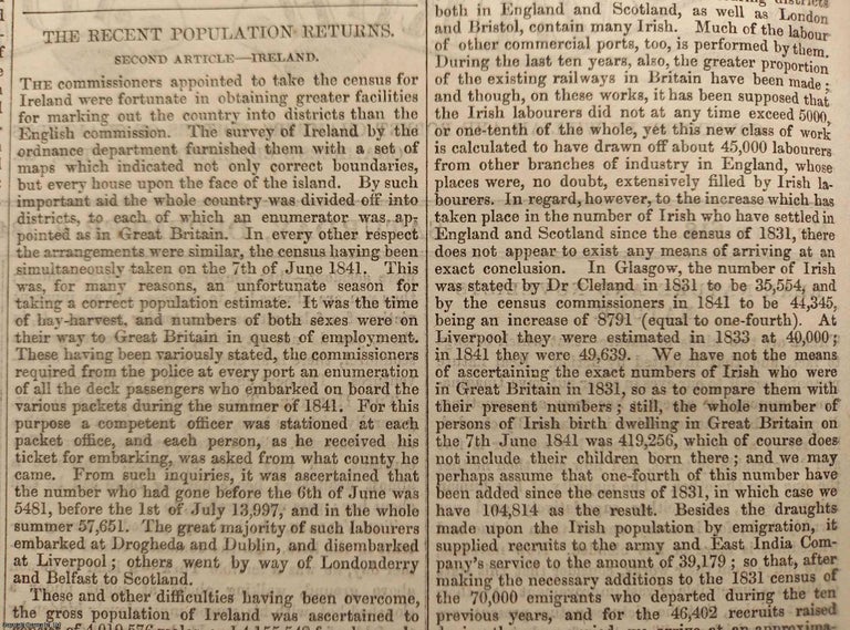 Item #360036 The 1841 Census : The Recent Population Returns. Ireland details of the census returns. Published by W. & R. Chambers, 2 December ,1843, No. 618. 1843. Chambers' Edinburgh Journal.