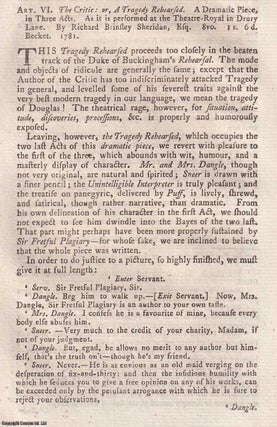 Item #360081 The Critic, or a Tragedy Rehearsed, by Richard Brinsley Sheridan. An original essay...