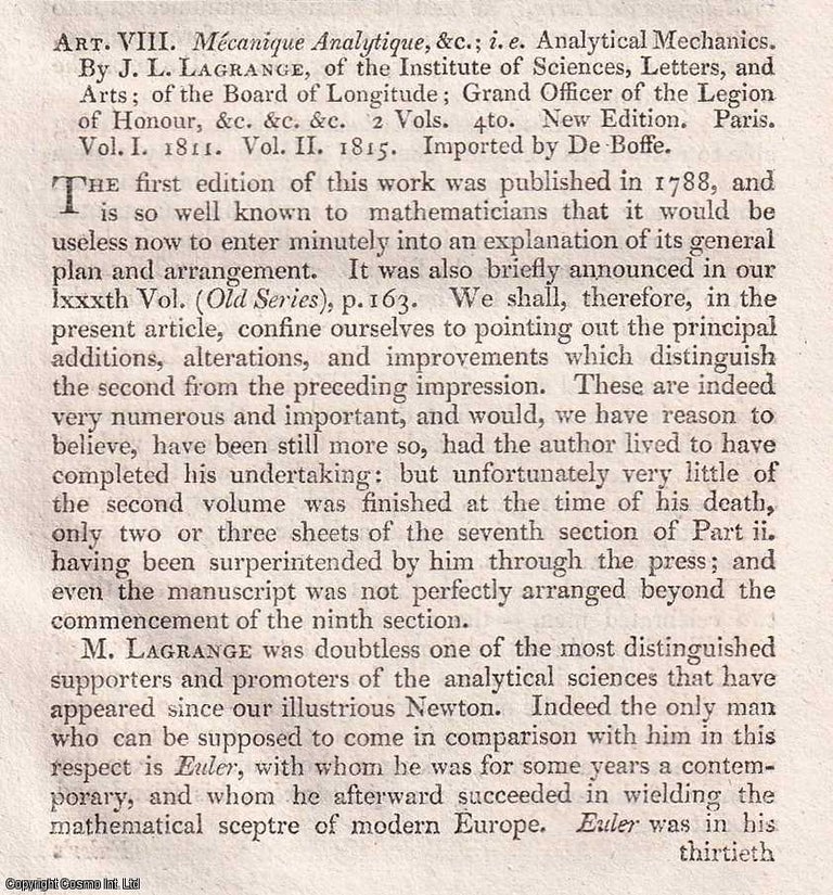 Item #360140 Analytical Mechanics, by J.L. Lagrange. An original essay from the Monthly Review, 1816. No author is given for this article. Author Not Stated.