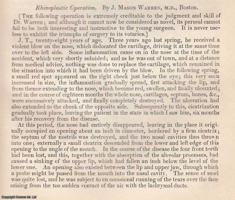 Item #360144 Phinoplastic Operation, by J. Mason Warren, M.D., Boston, USA. An original essay from the British & Foreign Medical Review, 1838. No author is given for this article. Sir John Forbes, John Conolly.