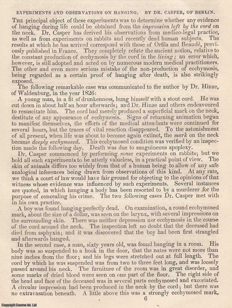 Item #360148 Experiments and Observations on Hanging, by Dr. Casper of Berlin. An original essay...