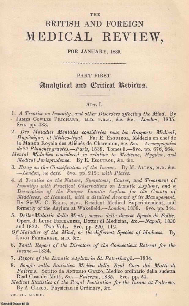 Item #360158 Insanity and other Disorders affecting the Mind, by Prichard, Esquirol, Allen,...