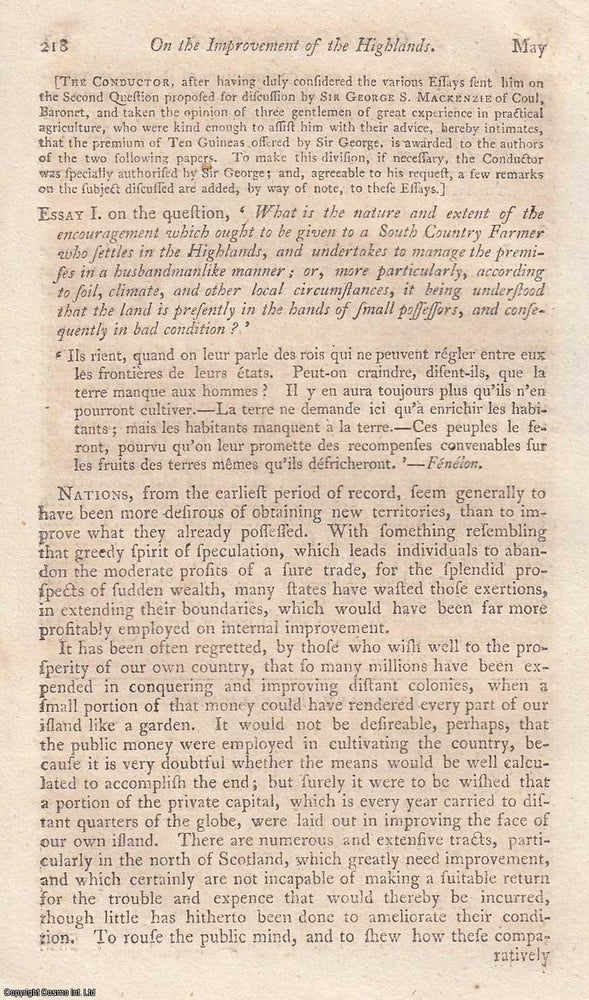 Item #360172 On the Improvement of the Highlands. An original essay from The Farmer's Magazine, 1806. No author is given for this article. Sir John Forbes, John Conolly.