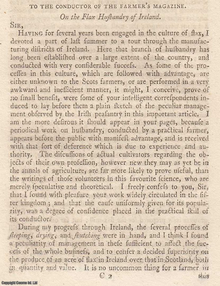 Item #360175 On the Flax Husbandry of Ireland. 5 pages. An article printed in 1806. Edited by Sir...