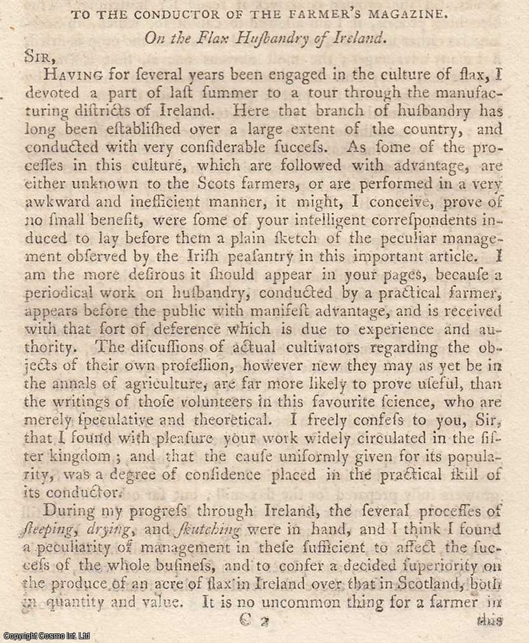 Item #360175 On the Flax Husbandry of Ireland. 5 pages. An article printed in 1806. Edited by Sir...