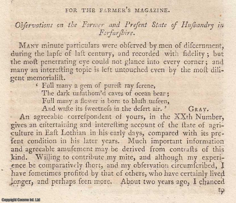 Item #360180 Observations on the Former and Present State of Husbandry in Forfarshire. An original essay from The Farmer's Magazine, 1806. No author is given for this article. Sir John Forbes, John Conolly.