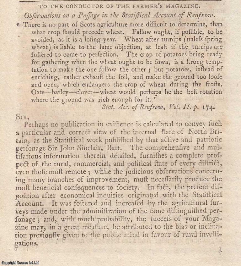 Item #360181 Observations on a Passage in the Statistical Account of Renfrew. An original essay from The Farmer's Magazine, 1806. No author is given for this article. Sir John Forbes, John Conolly.