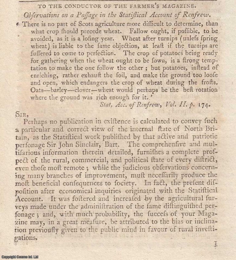 Item #360181 Observations on a Passage in the Statistical Account of Renfrew. 7 pages. An article...