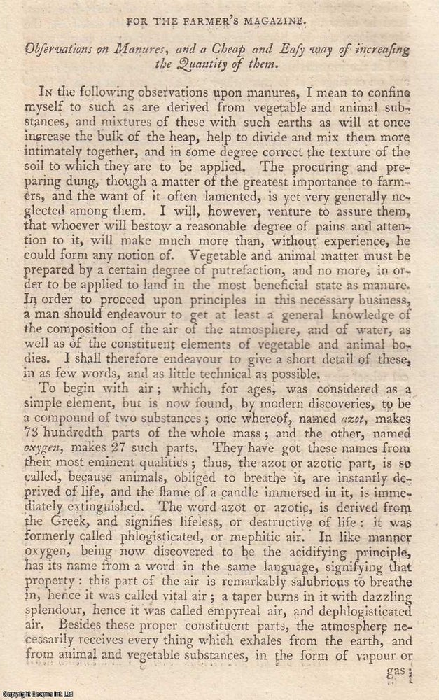 Item #360182 Observations on Manures, and a Cheap and Easy way of increasing the Quantity of them. An original essay from The Farmer's Magazine, 1806. No author is given for this article. Sir John Forbes, John Conolly.