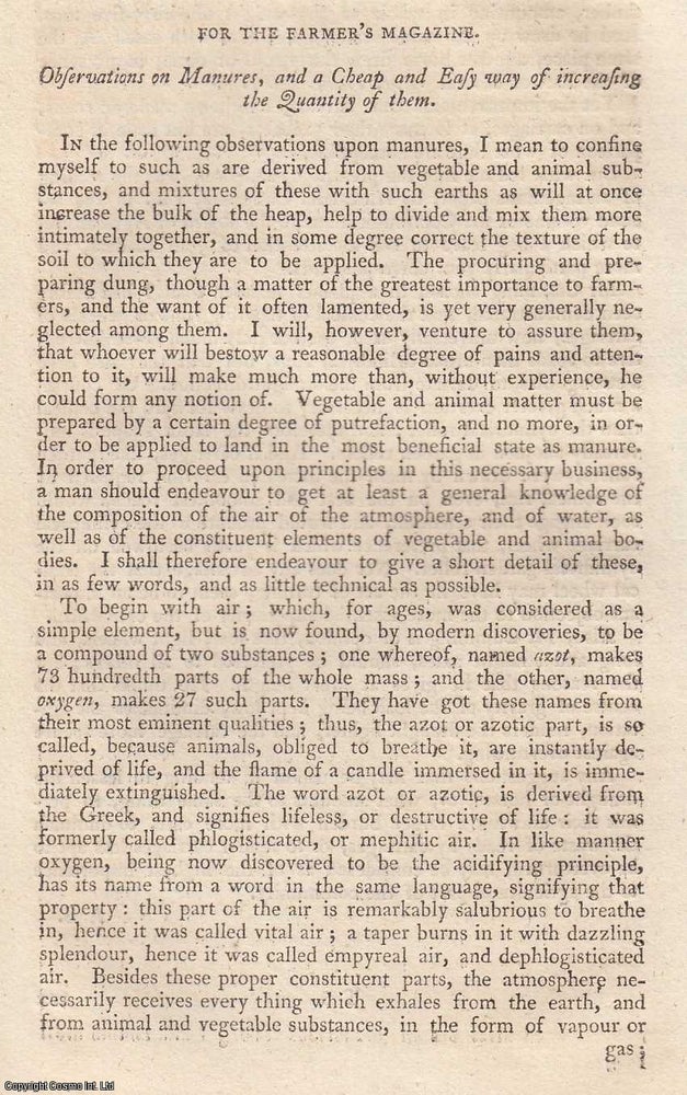 Item #360182 Observations on Manures, and a Cheap and Easy way of increasing the Quantity of...
