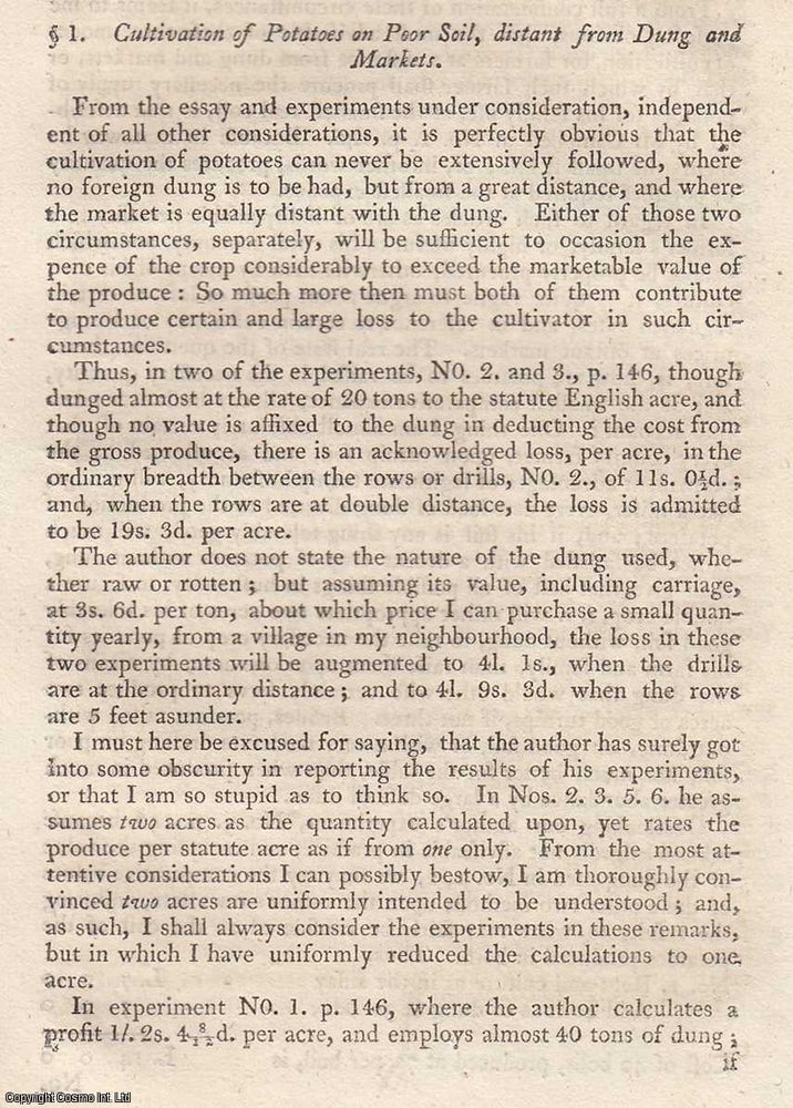 Item #360183 Cultivation of Potatoes on Poor Soil, distant from Dung and Market. 6 pages. An...