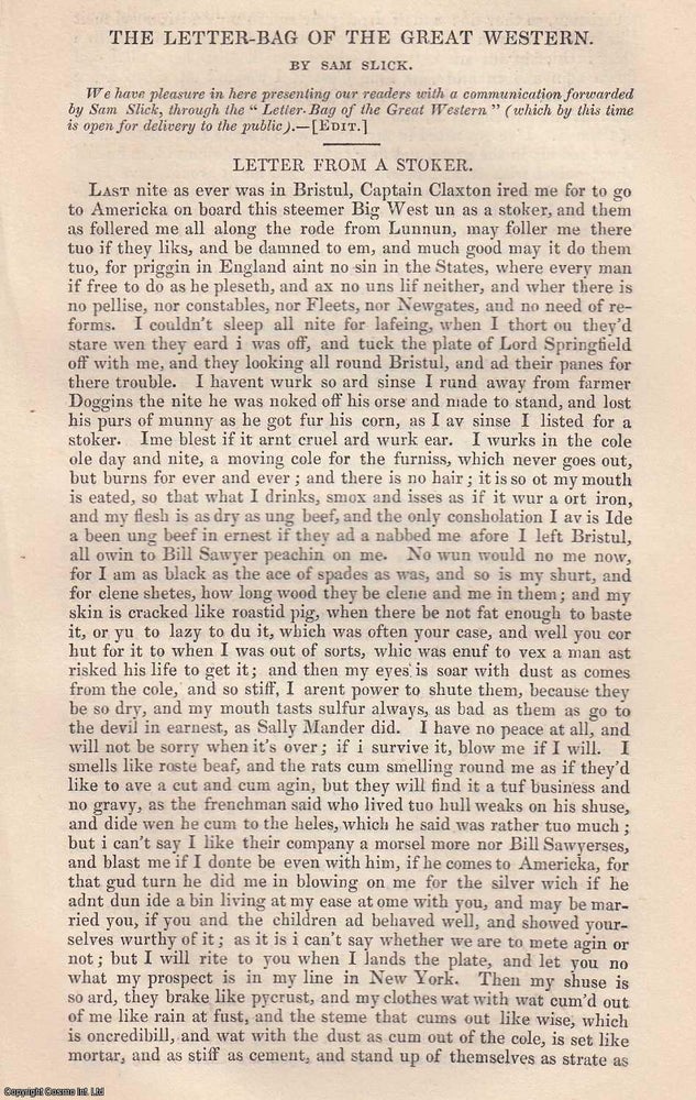 Item #360199 Letter from a Stoker. The Letter-Bag of the Great Western, by Sam Slick. An original essay from Bentley's Miscellany, 1840. T C. Haliburton.