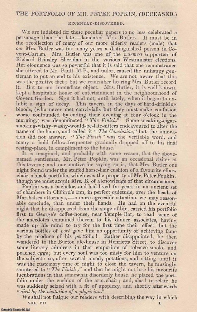 Item #360201 The Portfolio of Mr. Peter Popkin (deceased). An original essay from Bentley's Miscellany, 1840. R B. Peake.
