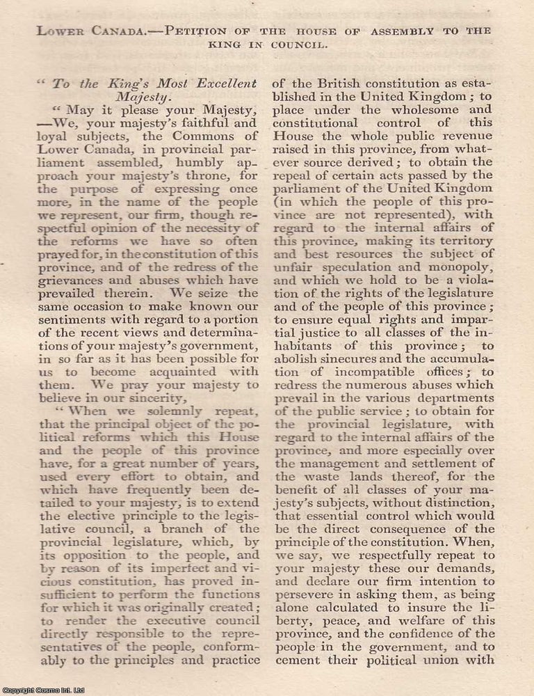 Item #360215 Lower Canada. Petition of the House of Assembly to the King in Council. An original article from The Annual Register for 1836. LOWER CANADA: PETITION OF THE HOUSE OF ASSEMBLY TO THE KING IN COUNCIL.