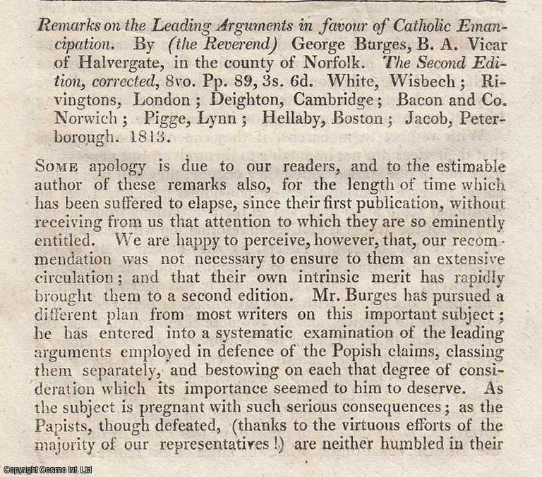 Item #360283 Catholic Emancipation. Remarks on the Leading Arguments in favour, by George Burges, Vicar of Halvergate, Norfolk. An original essay from The Anti-Jacobin, 1814. No author is given for this article. Anti-Jacobin Review.