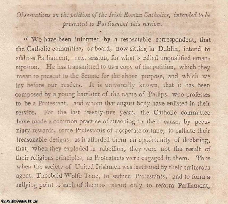 Item #360288 Dublin Catholic Committee. Observations on the petition of the Irish Roman Catholics, intended to be presented to Parliament. An original essay from The Anti-Jacobin, 1814. No author is given for this article. Anti-Jacobin Review.