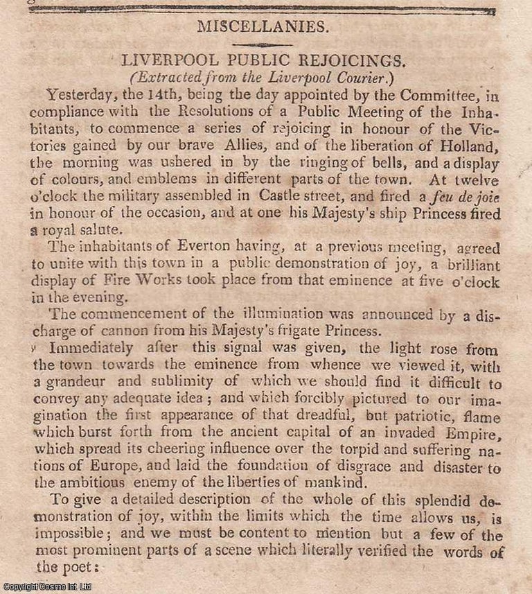 Item #360291 Napoleonic Wars, 1814. Liverpool Public Rejoicings in honour of the Victories of the Allies, and the liberation of Holland. An original essay from The Anti-Jacobin, 1814. No author is given for this article. Anti-Jacobin Review.