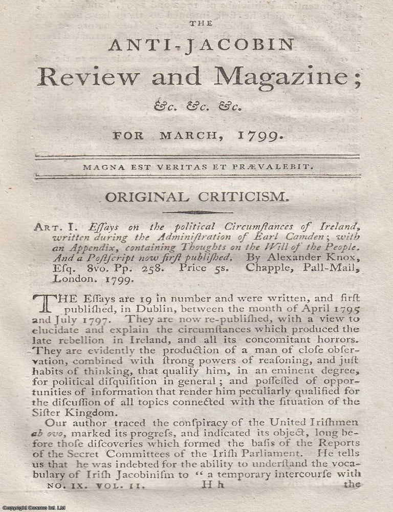 Item #360298 Knox on Irish Political Affairs. Essays on the political Circumstances of Ireland,...