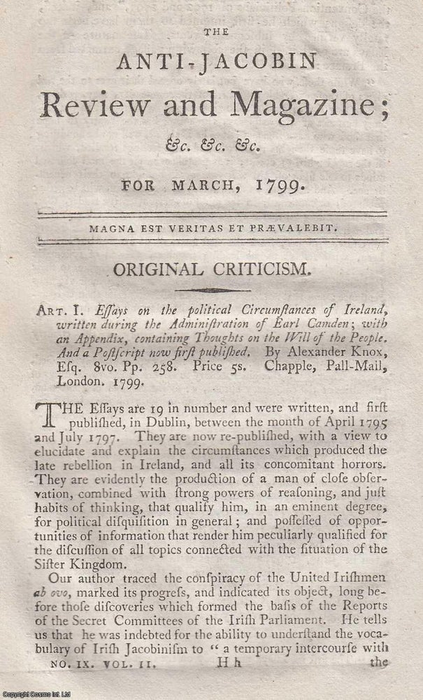 Item #360298 Knox on Irish Political Affairs. Essays on the political Circumstances of Ireland,...