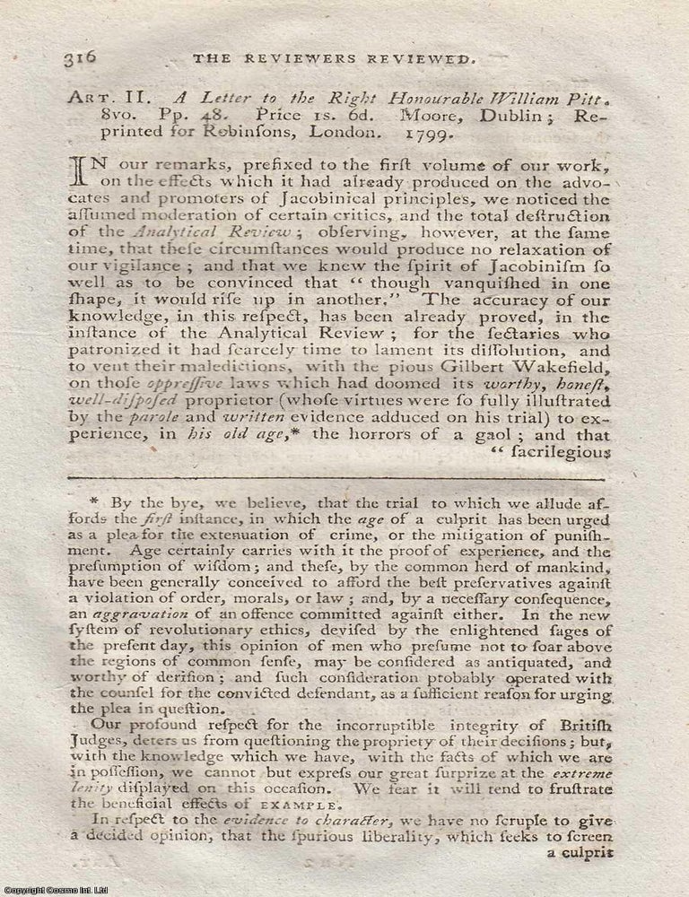 Item #360300 A Political Letter to the Right Honourable William Pitt. 1799. A MINISTER ADDRESSED...
