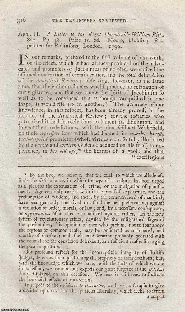 Item #360300 A Political Letter to the Right Honourable William Pitt. 1799. A MINISTER ADDRESSED...