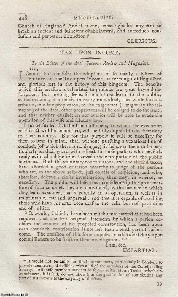 Item #360303 A Letter on the Tax upon Income. A letter regarding the Corresponding Societies and...