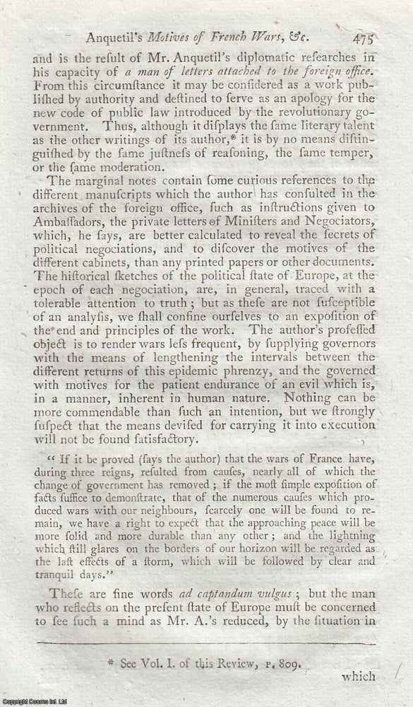 Item #360304 Motives of French Wars and Treaties of Peace, by Citizen Anquetil. An original essay from The Anti-Jacobin, 1799. No author is given for this article. Anti-Jacobin Review.
