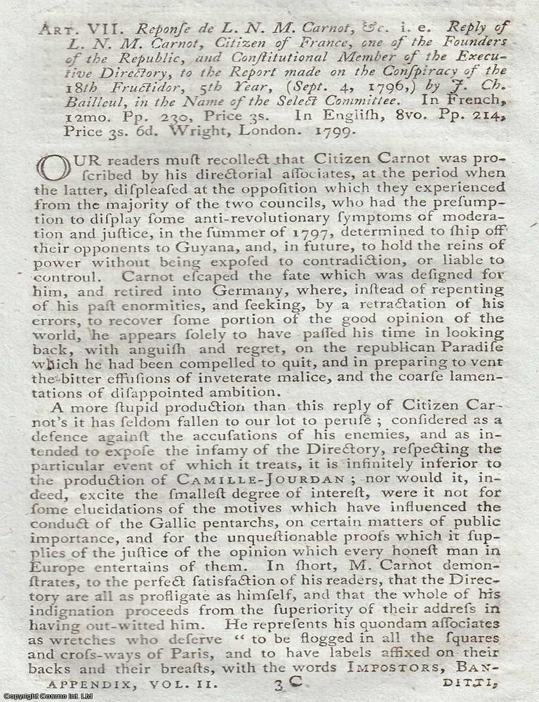 Item #360306 Carnot's Defence Before the Directory. Reply of L.N.M. Carnot, Citizen of...