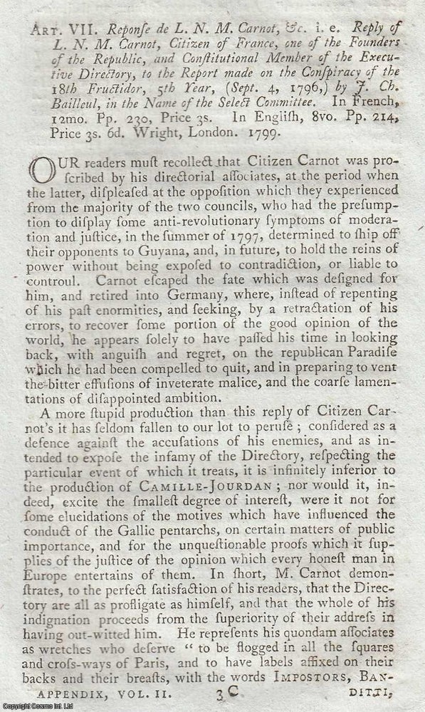 Item #360306 Carnot's Defence Before the Directory. Reply of L.N.M. Carnot, Citizen of...