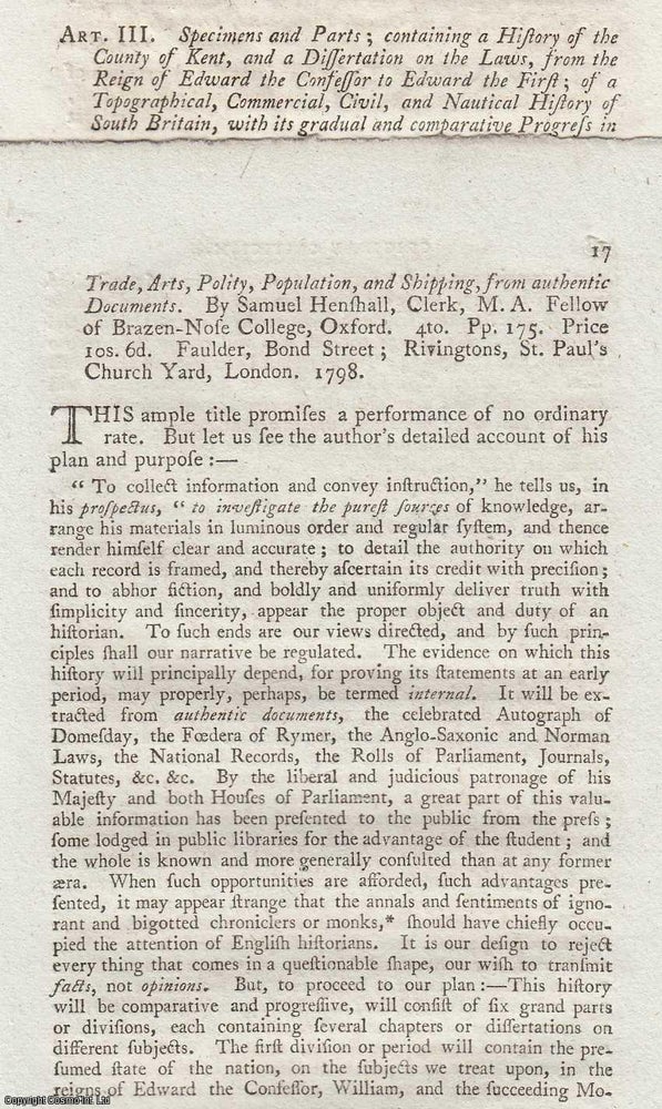 Item #360314 A History of Kent, by Samuel Henshall, Fellow of Brazen-Nose College, Oxford. An original essay from The Anti-Jacobin, 1799. No author is given for this article. Anti-Jacobin Review.