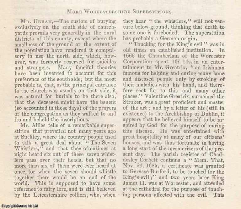 Item #360322 More Worcestershire Superstitions, by J. Noake. An original essay from The Gentleman's Magazine, 1856. Gentleman's Magazine.