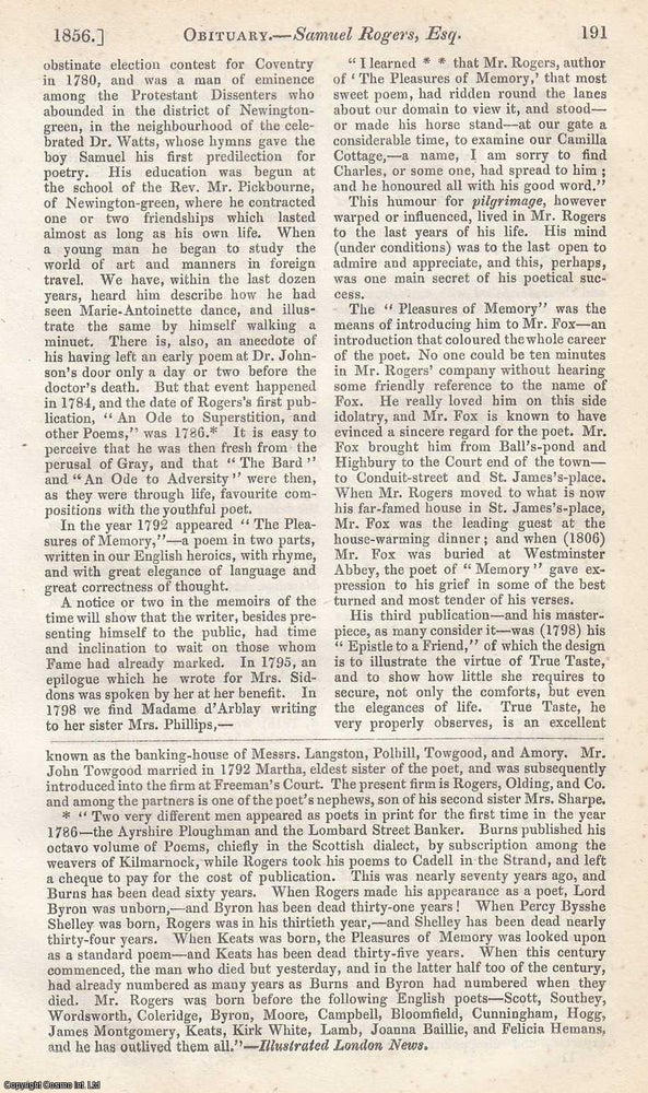 Item #360324 Obituary : Samuel Rogers, Esq., F.R.S., F.S.A. Biographer of Poets of England. An original essay from The Gentleman's Magazine, 1856. No author is given for this article. Gentleman's Magazine.