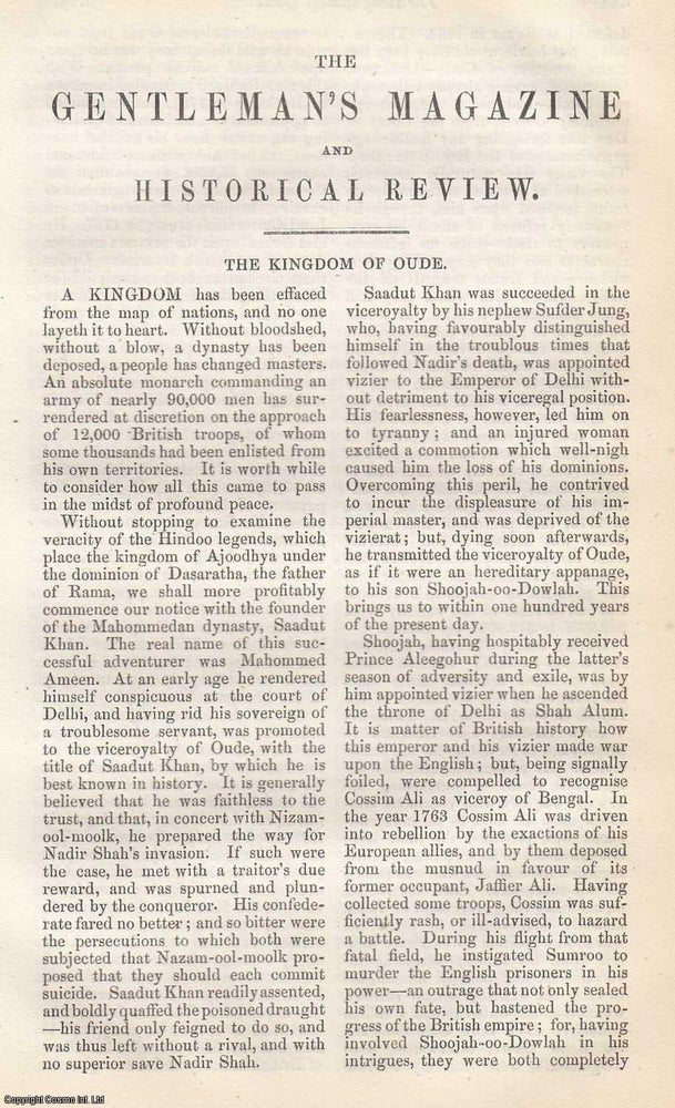 Item #360328 The Kingdom of Oude. An original essay from The Gentleman's Magazine, 1856. No author is given for this article. Gentleman's Magazine.