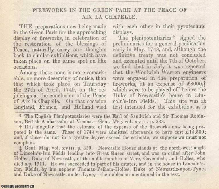 Item #360329 Fireworks in the Green Park at the Peace of Aix la Chapelle. An original essay from The Gentleman's Magazine, 1856. No author is given for this article. Gentleman's Magazine.