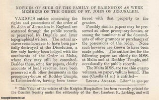 Item #360330 Notices of such of the Family of Babington as were Members of the order of St. John...