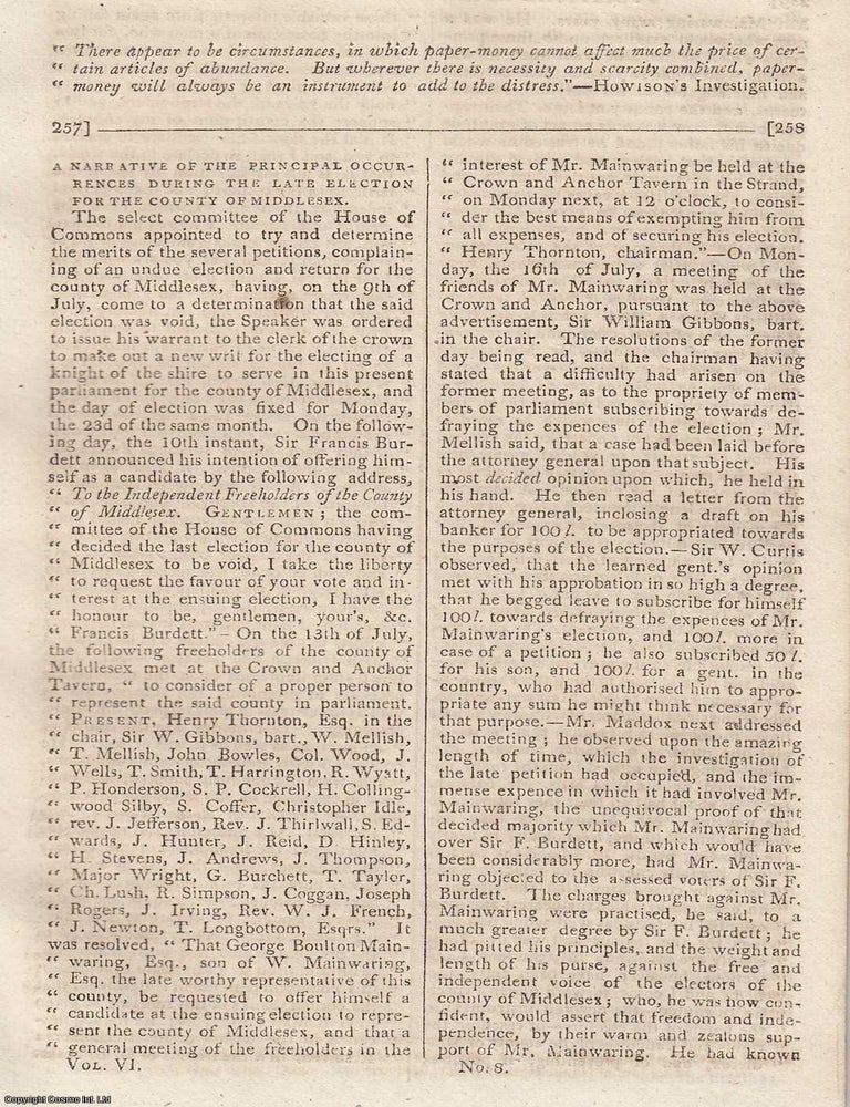 Item #360347 Middlesex Election, 1804. A Narrative of the Principal Occurrences. An original...