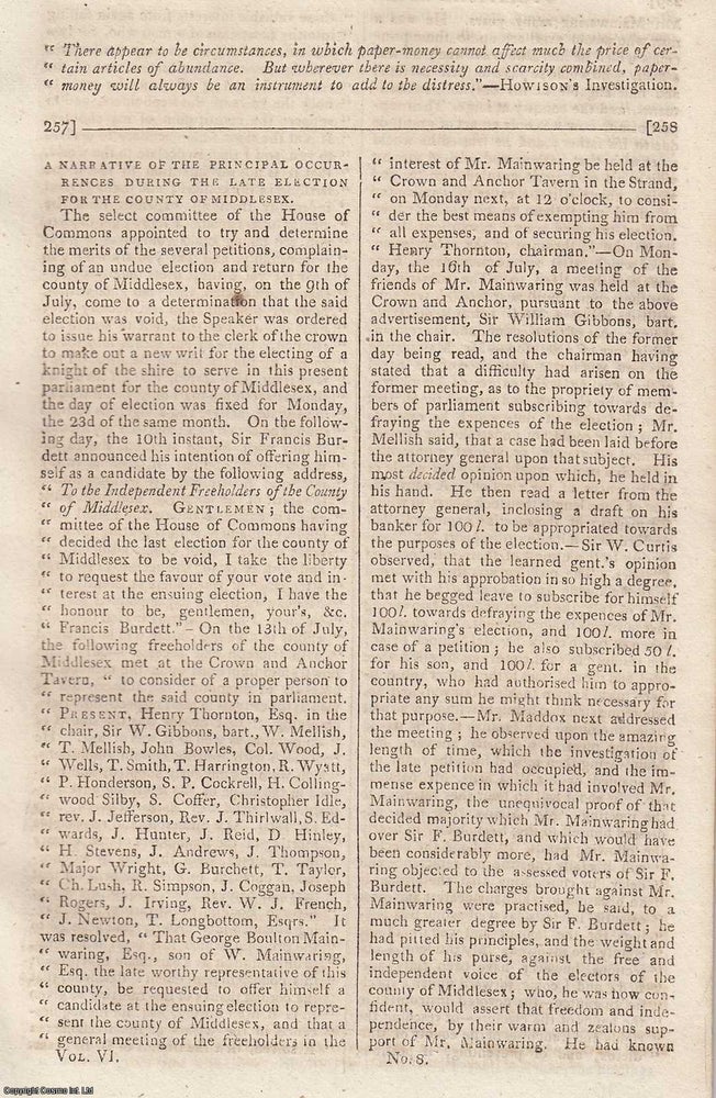 Item #360347 Middlesex Election, 1804. A Narrative of the Principal Occurrences. An original...