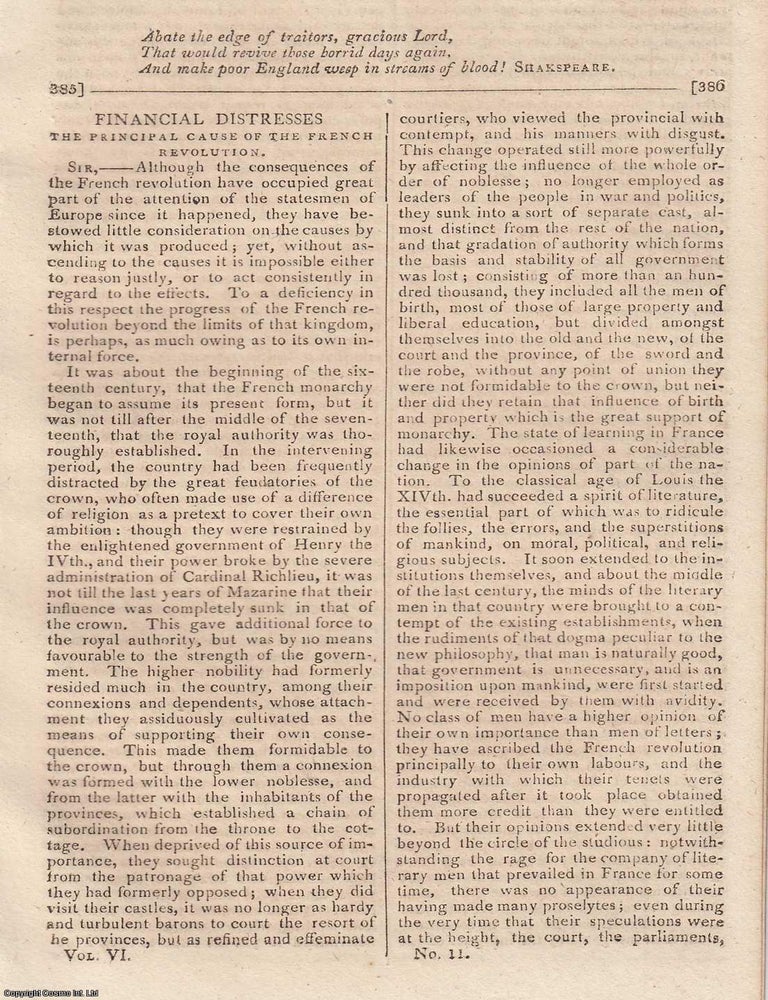 Item #360349 Financial Distresses. The Principal Cause of the French Revolution. An original...