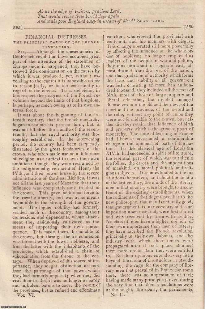 Item #360349 Financial Distresses. The Principal Cause of the French Revolution. An original...
