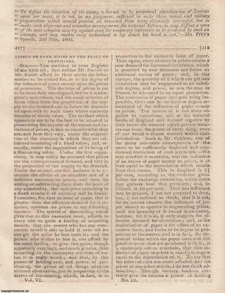 Item #360350 Effects of Bank Notes on the Price of Provisions. An original essay contained in...