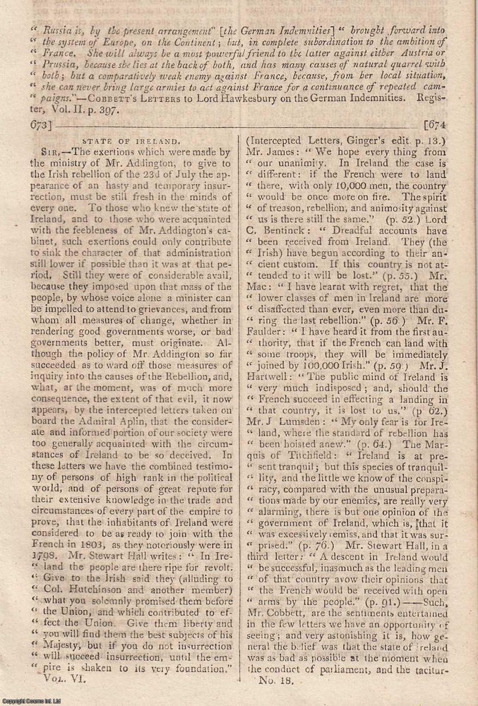 Item #360353 State of Ireland. An original essay contained in Cobbett's Political Register, Nov 3, 1804. Cobbett's Political Register.