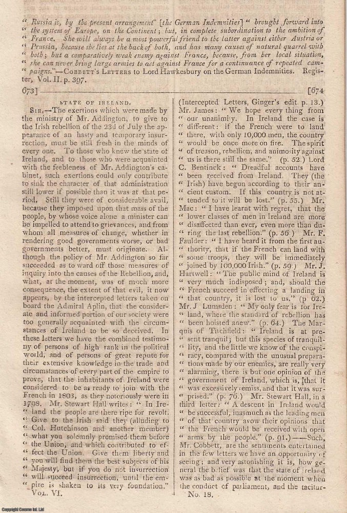 Item #360353 State of Ireland. An original essay contained in Cobbett's Political Register,...